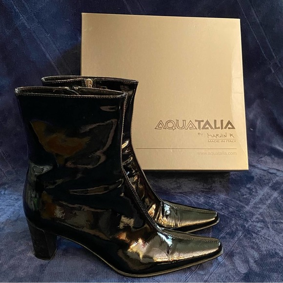 AQUATALIA by Marvin K. Black Patent Leather Weatherproof Heeled Ankle Boots